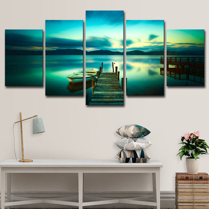 Aqua Modernist Wall Art Serene Lake with Bridge and Boat Scenery Canvas for Home Aqua Clearhalo 'Art Gallery' 'Canvas Art' 'Contemporary Art Gallery' 'Modern' Arts' 1614332