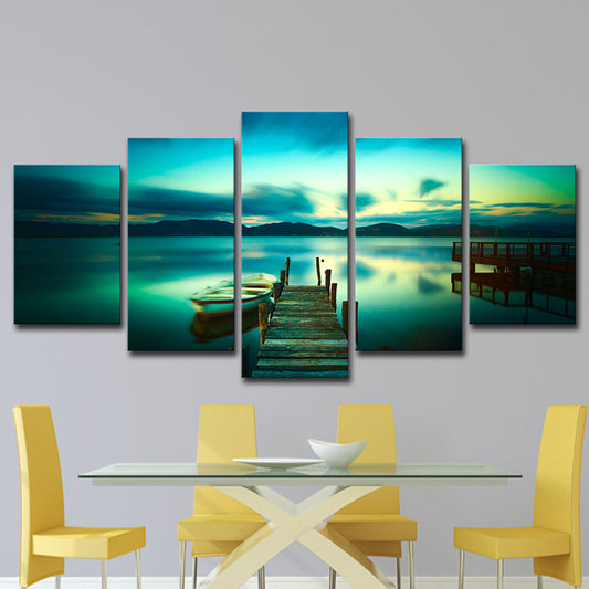 Aqua Modernist Wall Art Serene Lake with Bridge and Boat Scenery Canvas for Home Clearhalo 'Art Gallery' 'Canvas Art' 'Contemporary Art Gallery' 'Modern' Arts' 1614333