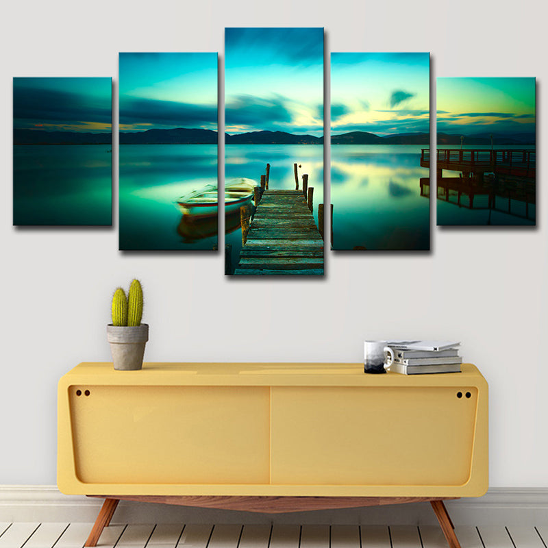 Aqua Modernist Wall Art Serene Lake with Bridge and Boat Scenery Canvas for Home Clearhalo 'Art Gallery' 'Canvas Art' 'Contemporary Art Gallery' 'Modern' Arts' 1614334