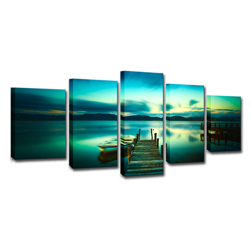 Aqua Modernist Wall Art Serene Lake with Bridge and Boat Scenery Canvas for Home Clearhalo 'Art Gallery' 'Canvas Art' 'Contemporary Art Gallery' 'Modern' Arts' 1614335