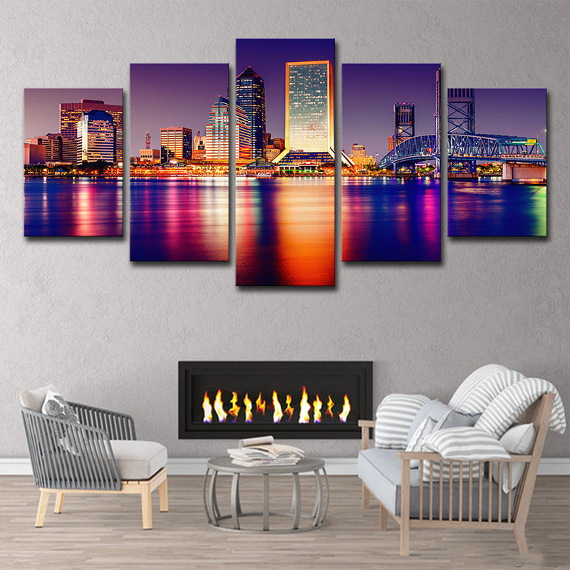 Riverside Skyscrapers Night View Art Print Purple Canvas Wall Decoration, Multi-Piece Clearhalo 'Art Gallery' 'Canvas Art' 'Contemporary Art Gallery' 'Modern' Arts' 1614362