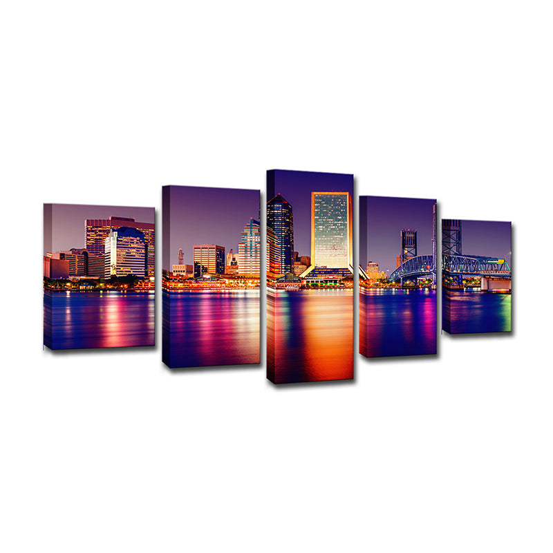 Riverside Skyscrapers Night View Art Print Purple Canvas Wall Decoration, Multi-Piece Clearhalo 'Art Gallery' 'Canvas Art' 'Contemporary Art Gallery' 'Modern' Arts' 1614363
