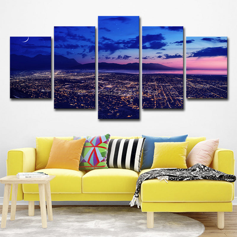 Purple Night Aerial View Canvas Print Luminous Cityscapes Modern Multi-Piece Wall Art Purple Clearhalo 'Art Gallery' 'Canvas Art' 'Contemporary Art Gallery' 'Modern' Arts' 1614367