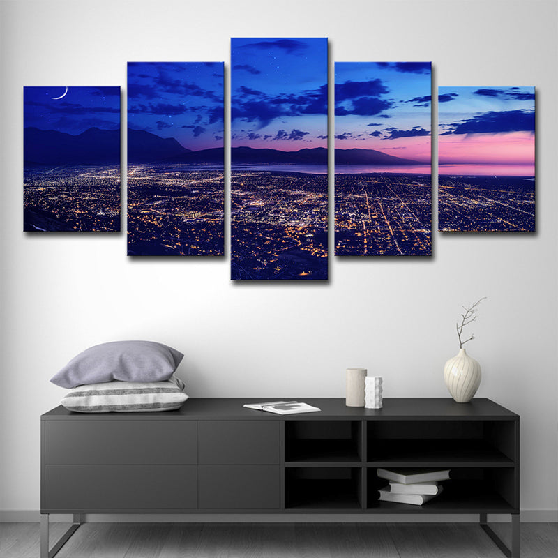 Purple Night Aerial View Canvas Print Luminous Cityscapes Modern Multi-Piece Wall Art Clearhalo 'Art Gallery' 'Canvas Art' 'Contemporary Art Gallery' 'Modern' Arts' 1614369
