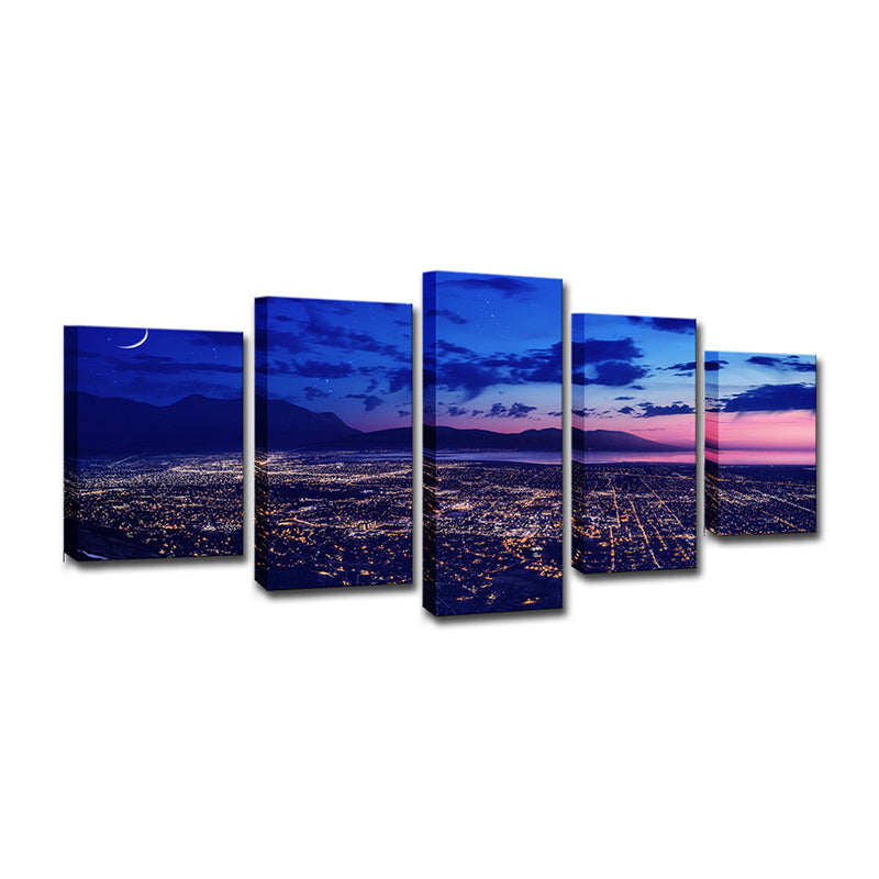 Purple Night Aerial View Canvas Print Luminous Cityscapes Modern Multi-Piece Wall Art Clearhalo 'Art Gallery' 'Canvas Art' 'Contemporary Art Gallery' 'Modern' Arts' 1614370