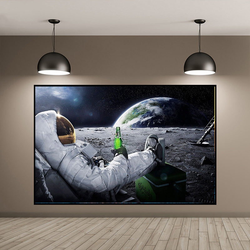 White Kids Wall Decor Astronaut Drinking Wine on Planet Canvas Art for Living Room Clearhalo 'Art Gallery' 'Canvas Art' 'Kids' Arts' 1614375