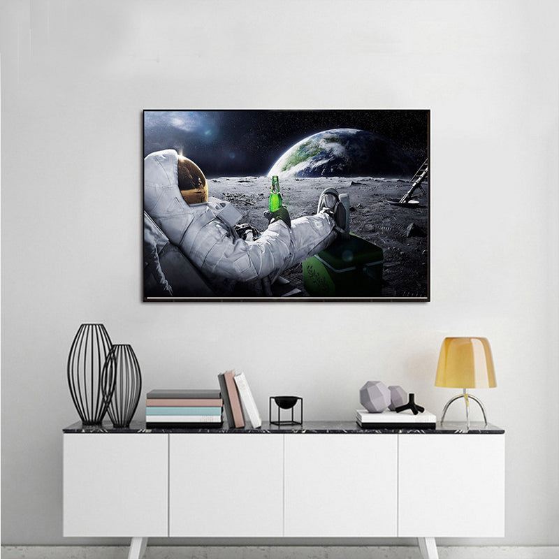 White Kids Wall Decor Astronaut Drinking Wine on Planet Canvas Art for Living Room Clearhalo 'Art Gallery' 'Canvas Art' 'Kids' Arts' 1614376