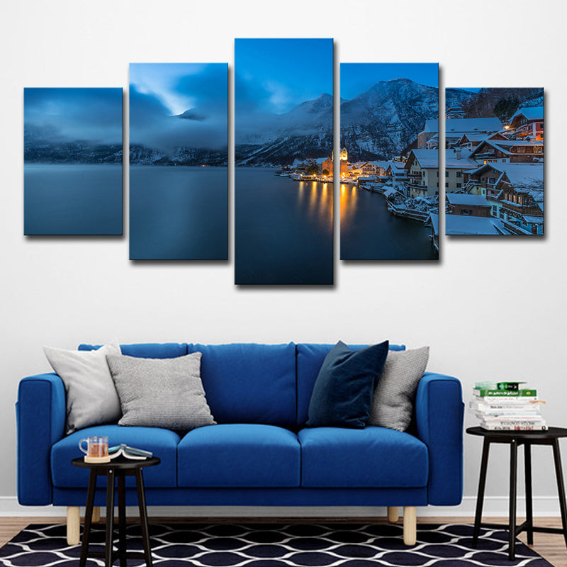 Canvas Multi-Piece Wall Art Modern Snowy Mountain Riverside Town Night View Wall Decor in Dark Blue Dark Blue Clearhalo 'Art Gallery' 'Canvas Art' 'Contemporary Art Gallery' 'Modern' Arts' 1614409