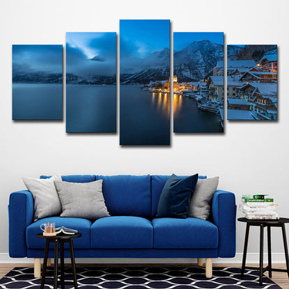 Canvas Multi-Piece Wall Art Modern Snowy Mountain Riverside Town Night View Wall Decor in Dark Blue Dark Blue Clearhalo 'Art Gallery' 'Canvas Art' 'Contemporary Art Gallery' 'Modern' Arts' 1614409