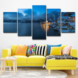Canvas Multi-Piece Wall Art Modern Snowy Mountain Riverside Town Night View Wall Decor in Dark Blue Clearhalo 'Art Gallery' 'Canvas Art' 'Contemporary Art Gallery' 'Modern' Arts' 1614410