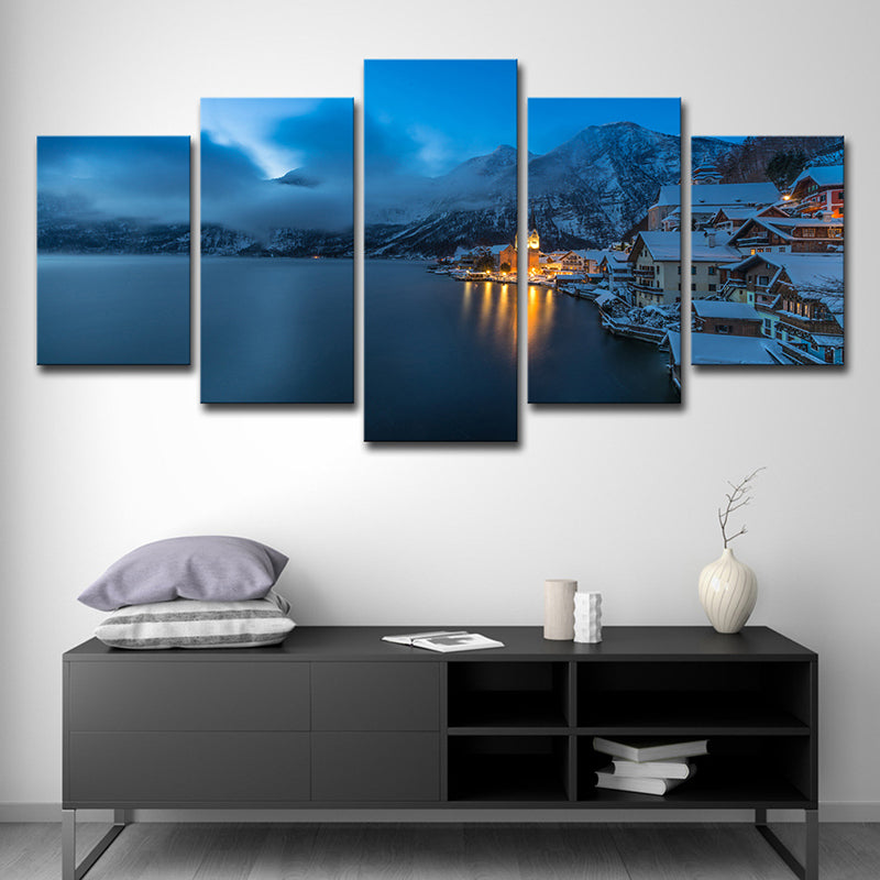 Canvas Multi-Piece Wall Art Modern Snowy Mountain Riverside Town Night View Wall Decor in Dark Blue Clearhalo 'Art Gallery' 'Canvas Art' 'Contemporary Art Gallery' 'Modern' Arts' 1614411