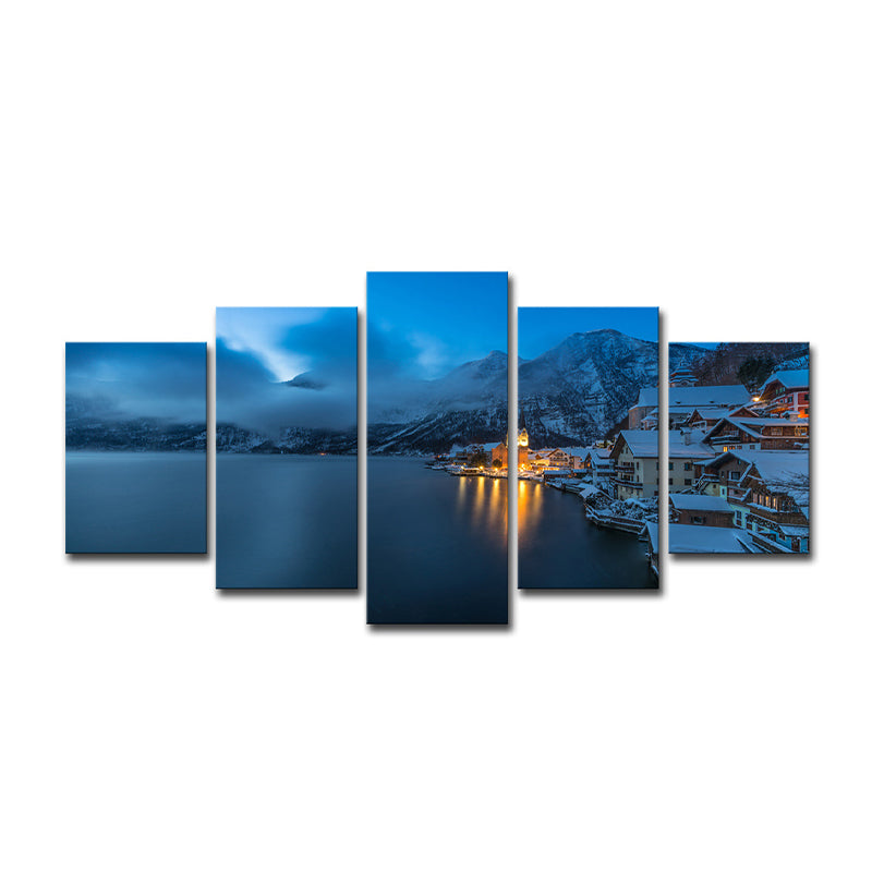 Canvas Multi-Piece Wall Art Modern Snowy Mountain Riverside Town Night View Wall Decor in Dark Blue Clearhalo 'Art Gallery' 'Canvas Art' 'Contemporary Art Gallery' 'Modern' Arts' 1614412
