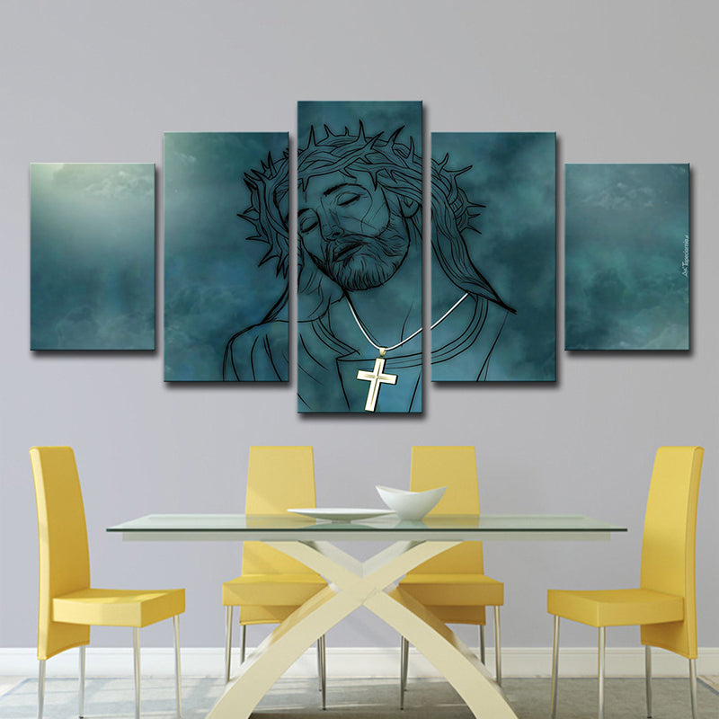 Blue Jesus Christ Wall Art Print Multi-Piece Modernism Dining Room Canvas Painting - Blue - Clearhalo - 'Arts' - 'Canvas Art' - 1614416