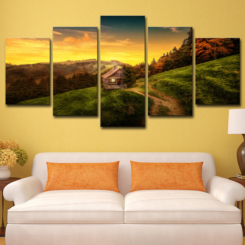 Modern Sunset Mountain Cabin Canvas Yellow Natural Landscape Wall Art Print, Multi-Piece Yellow Clearhalo 'Art Gallery' 'Canvas Art' 'Contemporary Art Gallery' 'Modern' Arts' 1614434