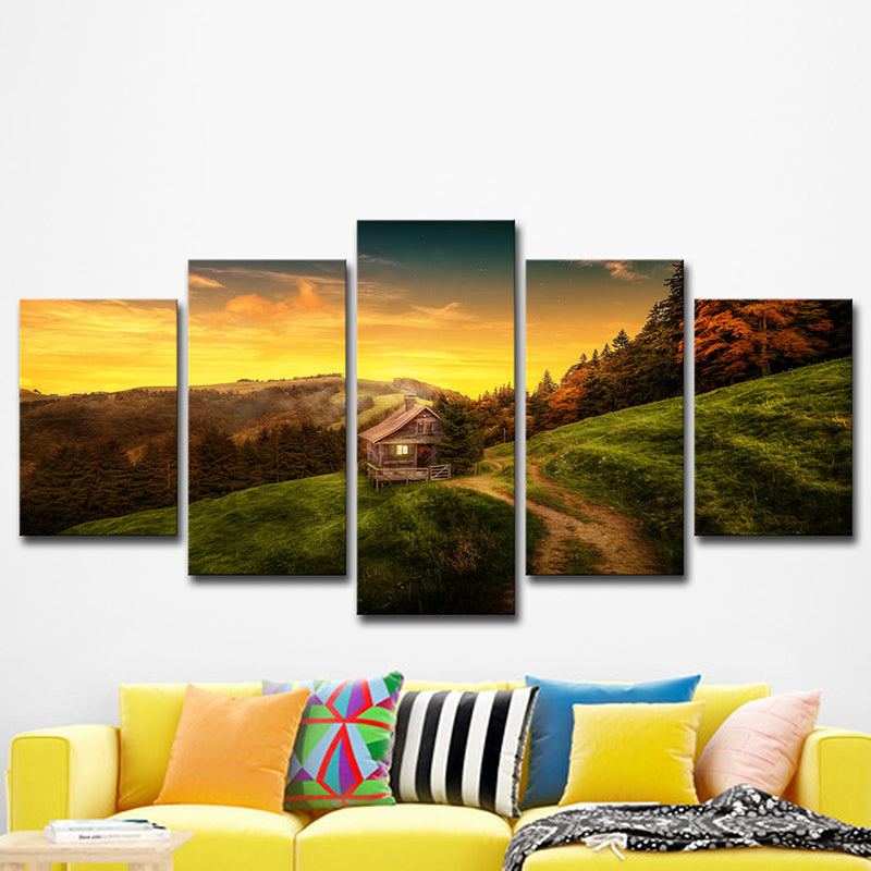 Modern Sunset Mountain Cabin Canvas Yellow Natural Landscape Wall Art Print, Multi-Piece Clearhalo 'Art Gallery' 'Canvas Art' 'Contemporary Art Gallery' 'Modern' Arts' 1614435