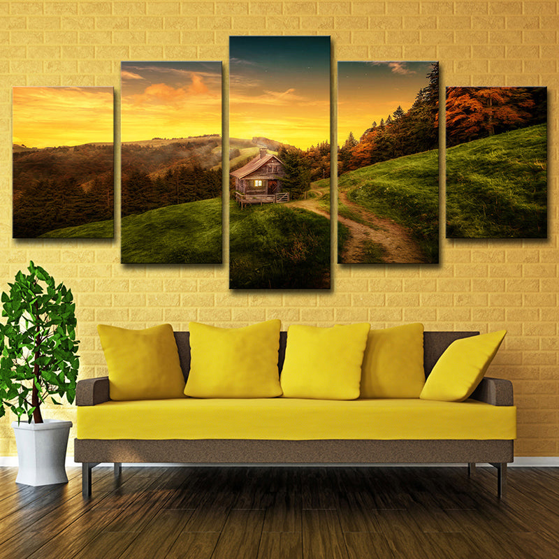 Modern Sunset Mountain Cabin Canvas Yellow Natural Landscape Wall Art Print, Multi-Piece Clearhalo 'Art Gallery' 'Canvas Art' 'Contemporary Art Gallery' 'Modern' Arts' 1614436