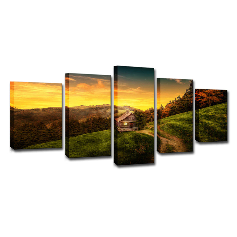 Modern Sunset Mountain Cabin Canvas Yellow Natural Landscape Wall Art Print, Multi-Piece Clearhalo 'Art Gallery' 'Canvas Art' 'Contemporary Art Gallery' 'Modern' Arts' 1614437