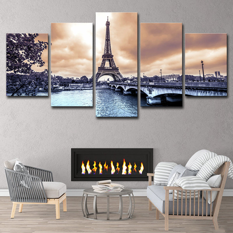 Contemporary Canvas Art Brown Eiffel Tower at Dusk Landscape Wall Decor for Bedroom Brown Clearhalo 'Arts' 'Canvas Art' 1614441