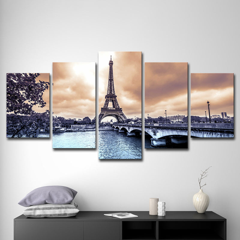 Contemporary Canvas Art Brown Eiffel Tower at Dusk Landscape Wall Decor for Bedroom Clearhalo 'Arts' 'Canvas Art' 1614442