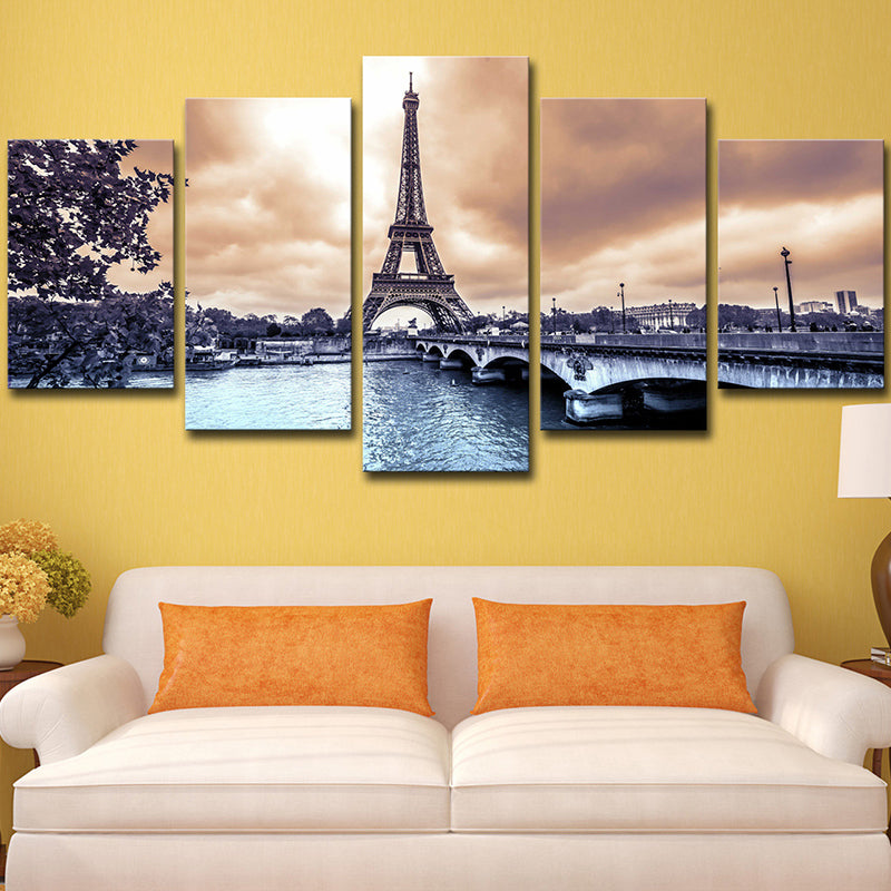 Contemporary Canvas Art Brown Eiffel Tower at Dusk Landscape Wall Decor for Bedroom