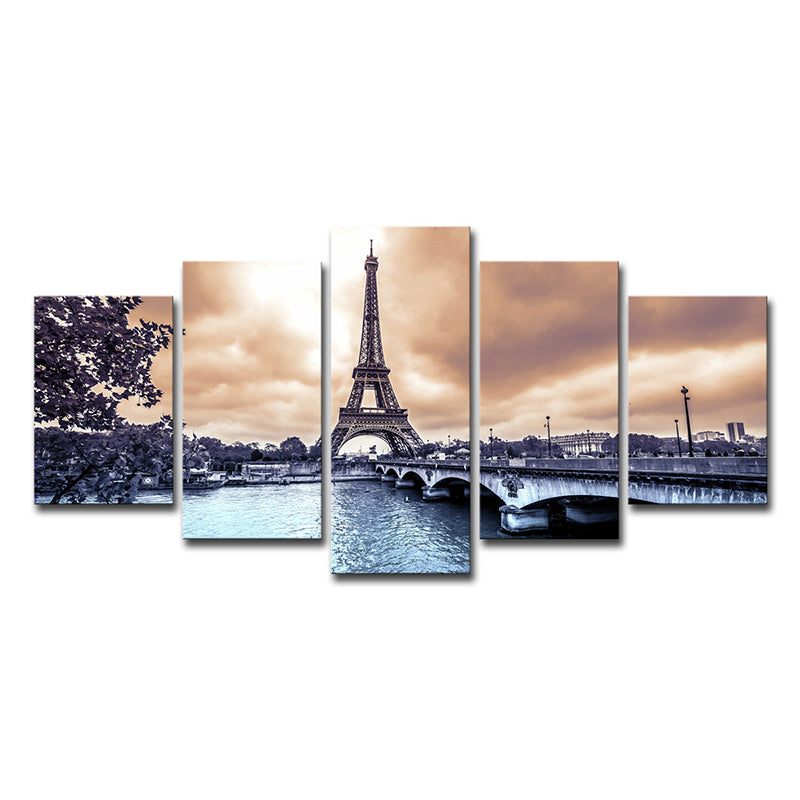 Contemporary Canvas Art Brown Eiffel Tower at Dusk Landscape Wall Decor for Bedroom