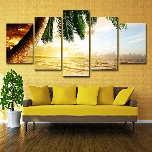Beach Palm Tree Canvas Art Tropix Beautiful Sunset above Sea Scene Wall Decor in Gold Gold Clearhalo 'Art Gallery' 'Canvas Art' 'Coastal Art Gallery' 'Tropical' Arts' 1614469