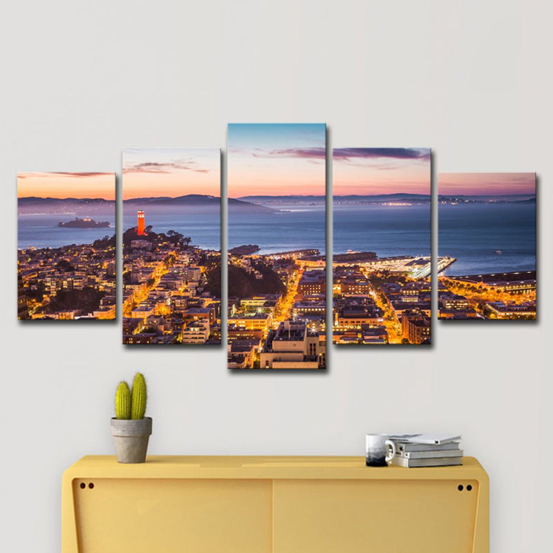 Alcatraz Island Night Scenic Canvas Art Global Inspired Multi-Piece Home Wall Decor in Brown Clearhalo 'Arts' 'Canvas Art' 1614477