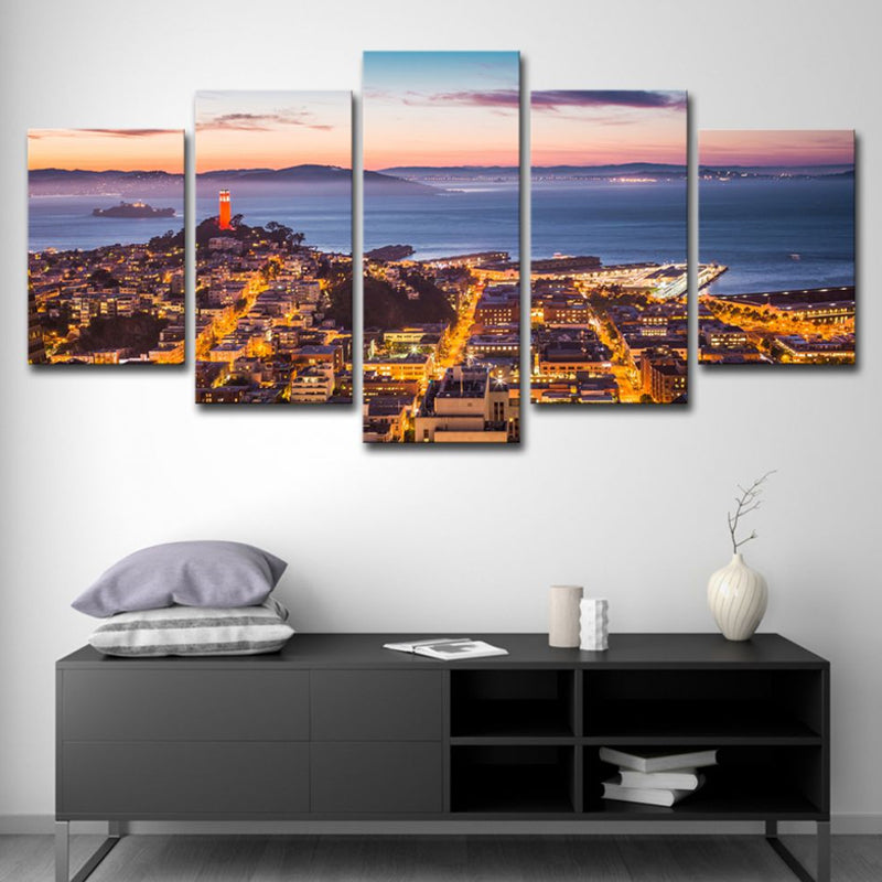 Alcatraz Island Night Scenic Canvas Art Global Inspired Multi-Piece Home Wall Decor in Brown Clearhalo 'Arts' 'Canvas Art' 1614478