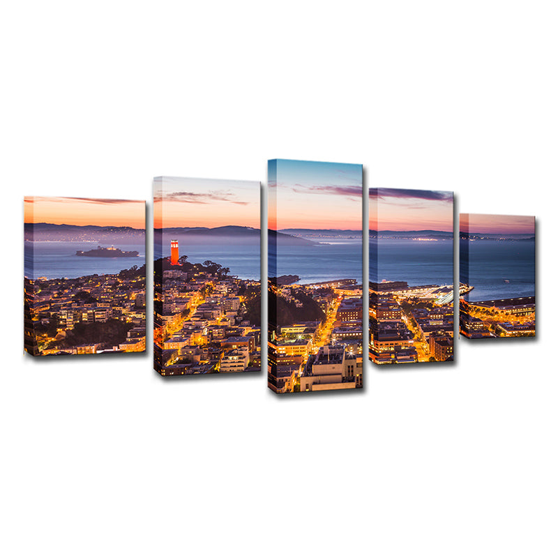 Alcatraz Island Night Scenic Canvas Art Global Inspired Multi-Piece Home Wall Decor in Brown Clearhalo 'Arts' 'Canvas Art' 1614479