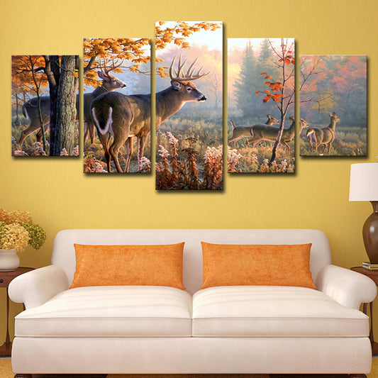 Canvas Multi-Piece Wall Art Contemporary Deer Herd in Autumn Forest Wall Decor in Brown Brown Clearhalo 'Art Gallery' 'Canvas Art' 'Contemporary Art Gallery' 'Modern' Arts' 1614501