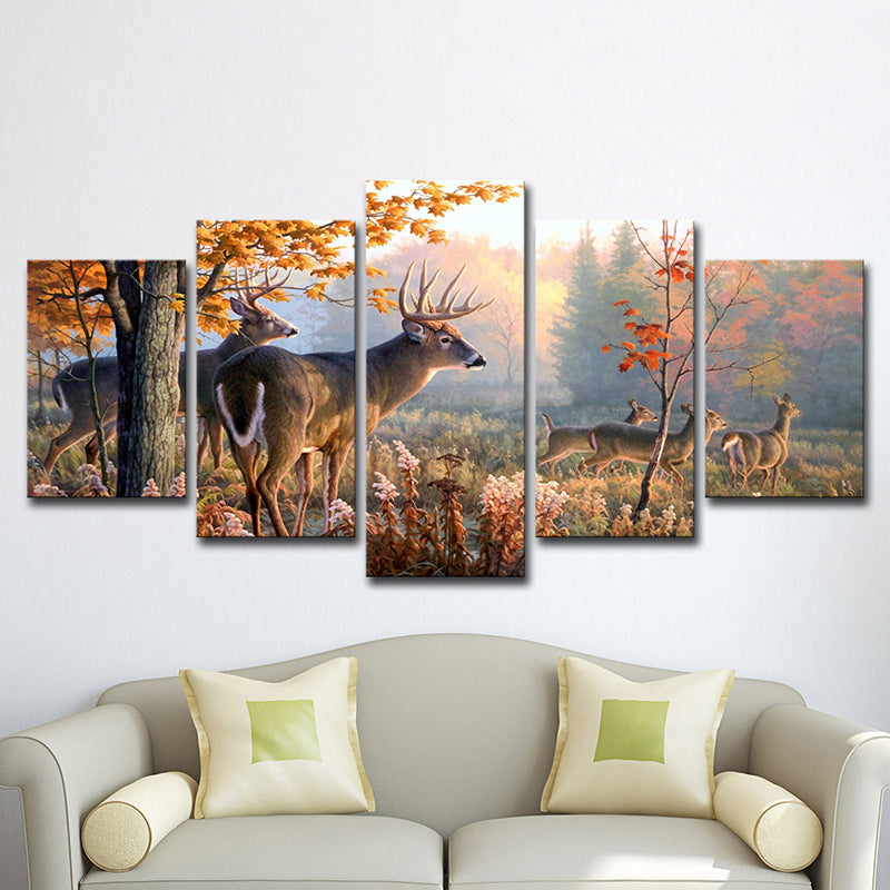 Canvas Multi-Piece Wall Art Contemporary Deer Herd in Autumn Forest Wall Decor in Brown Clearhalo 'Art Gallery' 'Canvas Art' 'Contemporary Art Gallery' 'Modern' Arts' 1614502