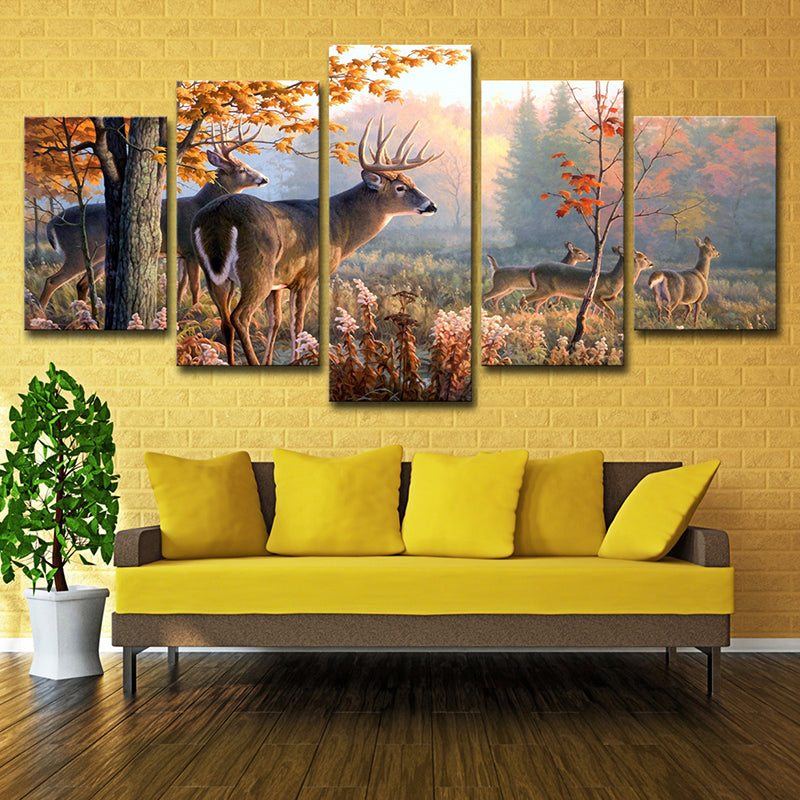 Canvas Multi-Piece Wall Art Contemporary Deer Herd in Autumn Forest Wall Decor in Brown Clearhalo 'Art Gallery' 'Canvas Art' 'Contemporary Art Gallery' 'Modern' Arts' 1614503
