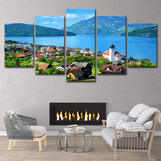 Modern Lake Lucerne Scenery Canvas Art Blue Bedroom Wall Decoration, Multi-Piece Blue Clearhalo 'Art Gallery' 'Canvas Art' 'Contemporary Art Gallery' 'Modern' Arts' 1614508