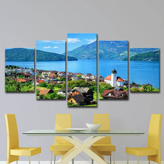 Modern Lake Lucerne Scenery Canvas Art Blue Bedroom Wall Decoration, Multi-Piece Clearhalo 'Art Gallery' 'Canvas Art' 'Contemporary Art Gallery' 'Modern' Arts' 1614509