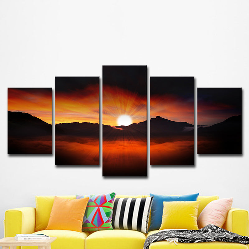 Orange Modern Style Canvas Sun Behind Mountain Nightfall Scenery Wall Art for House Clearhalo 'Art Gallery' 'Canvas Art' 'Contemporary Art Gallery' 'Modern' Arts' 1614516