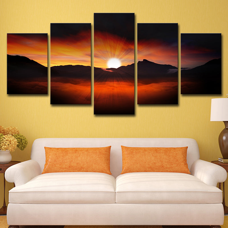 Orange Modern Style Canvas Sun Behind Mountain Nightfall Scenery Wall Art for House Clearhalo 'Art Gallery' 'Canvas Art' 'Contemporary Art Gallery' 'Modern' Arts' 1614517