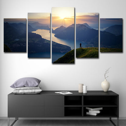 Lake Lucerne Skyline View Canvas Modernism Multi-Piece Sitting Room Wall Art Decor Yellow Clearhalo 'Art Gallery' 'Canvas Art' 'Contemporary Art Gallery' 'Modern' Arts' 1614522