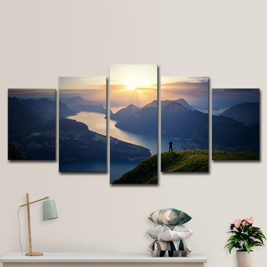 Lake Lucerne Skyline View Canvas Modernism Multi-Piece Sitting Room Wall Art Decor Clearhalo 'Art Gallery' 'Canvas Art' 'Contemporary Art Gallery' 'Modern' Arts' 1614523