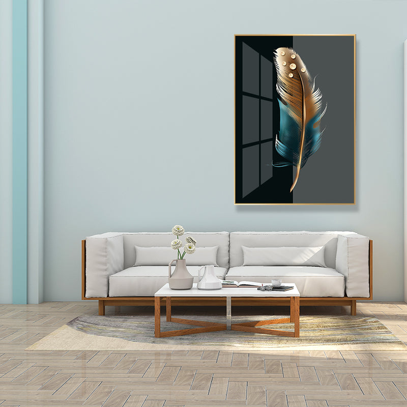 Lienzo impreso de plumas de arte digital para sala de estar, color oscuro, superficie texturizada