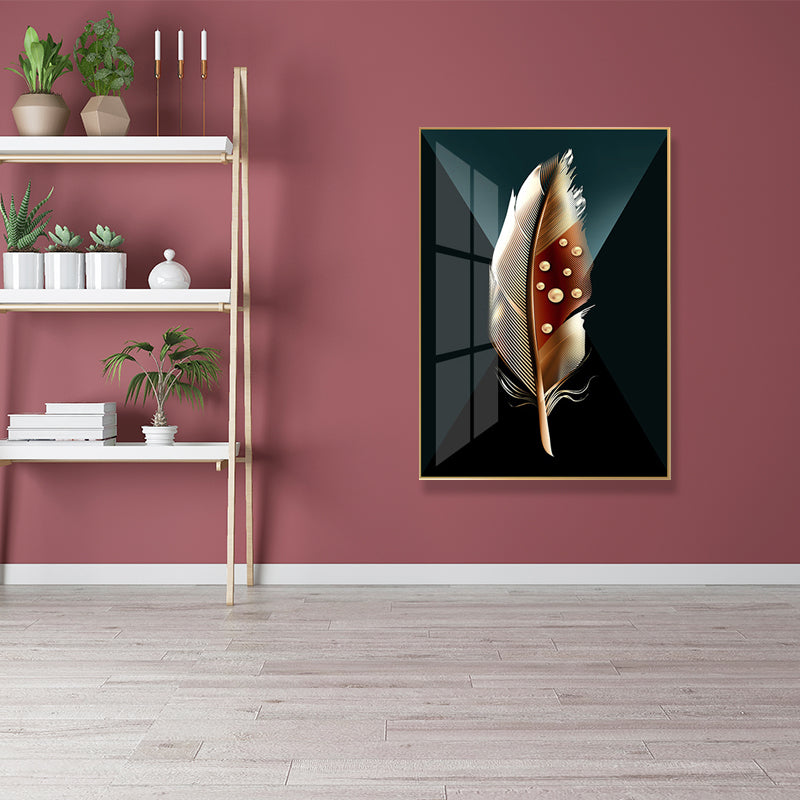 Digital Art Feather Printed Canvas for Living Room, Dark Color, Textured Surface