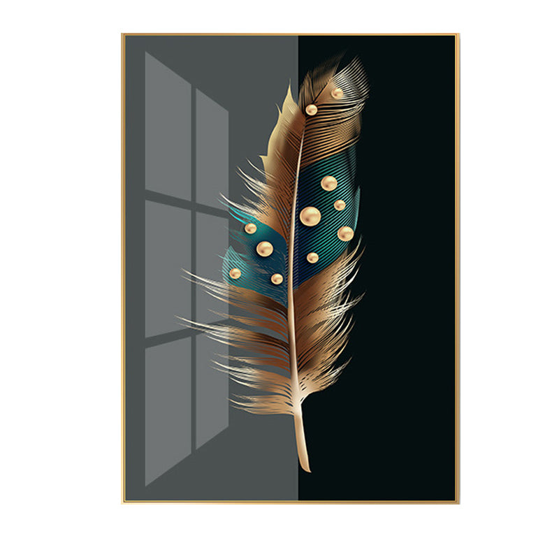 Digital Art Feather Printed Canvas for Living Room, Dark Color, Textured Surface