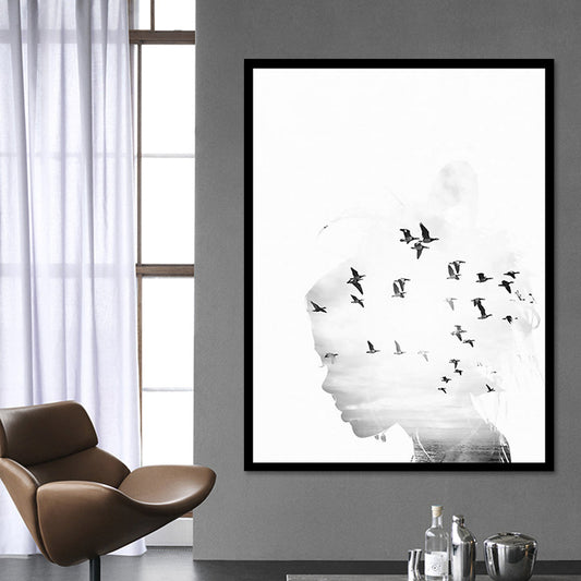 Canvas White Art Print Modernism Bird Flock and Woman Head Wall Decor for Sitting Room White Clearhalo 'Art Gallery' 'Canvas Art' 'Contemporary Art Gallery' 'Modern' Arts' 1614599