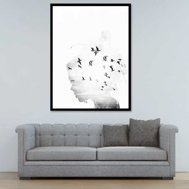 Canvas White Art Print Modernism Bird Flock and Woman Head Wall Decor for Sitting Room Clearhalo 'Art Gallery' 'Canvas Art' 'Contemporary Art Gallery' 'Modern' Arts' 1614600