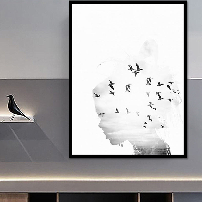 Canvas White Art Print Modernism Bird Flock and Woman Head Wall Decor for Sitting Room Clearhalo 'Art Gallery' 'Canvas Art' 'Contemporary Art Gallery' 'Modern' Arts' 1614601