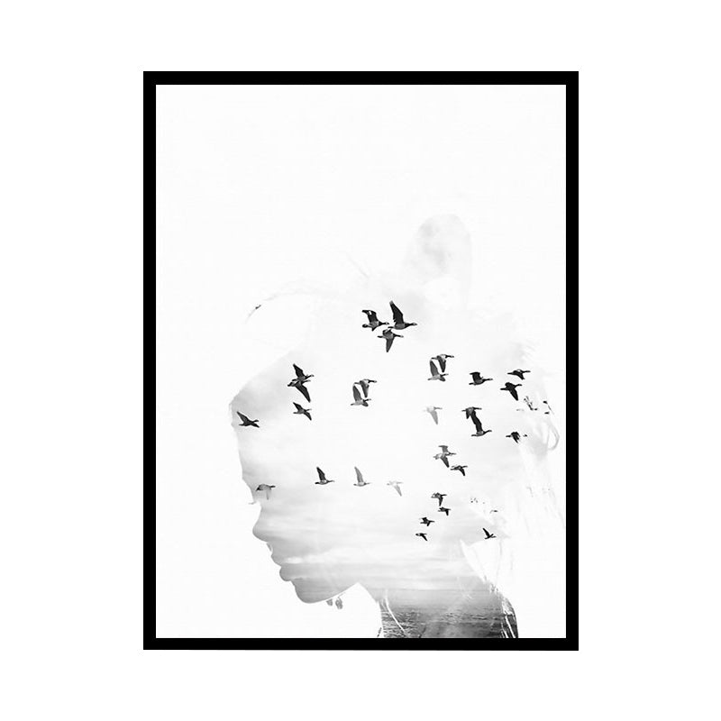Canvas White Art Print Modernism Bird Flock and Woman Head Wall Decor for Sitting Room Clearhalo 'Art Gallery' 'Canvas Art' 'Contemporary Art Gallery' 'Modern' Arts' 1614602