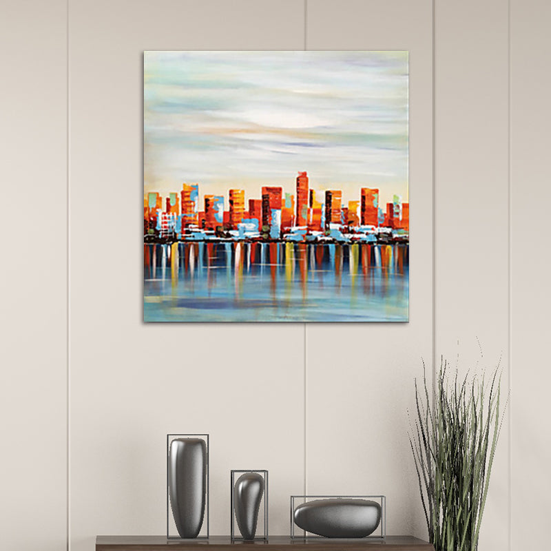 Canvas Red Art Print Modern View of Victoria Harbour Painting Wall Decor for Living Room Red 24" x 24" Clearhalo 'Art Gallery' 'Canvas Art' 'Contemporary Art Gallery' 'Modern' Arts' 1614621