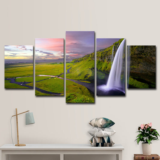 Waterfall and Grassland Scenery Canvas Art Modern Multi-Piece Wall Decor in Green Clearhalo 'Art Gallery' 'Canvas Art' 'Contemporary Art Gallery' 'Modern' Arts' 1614627