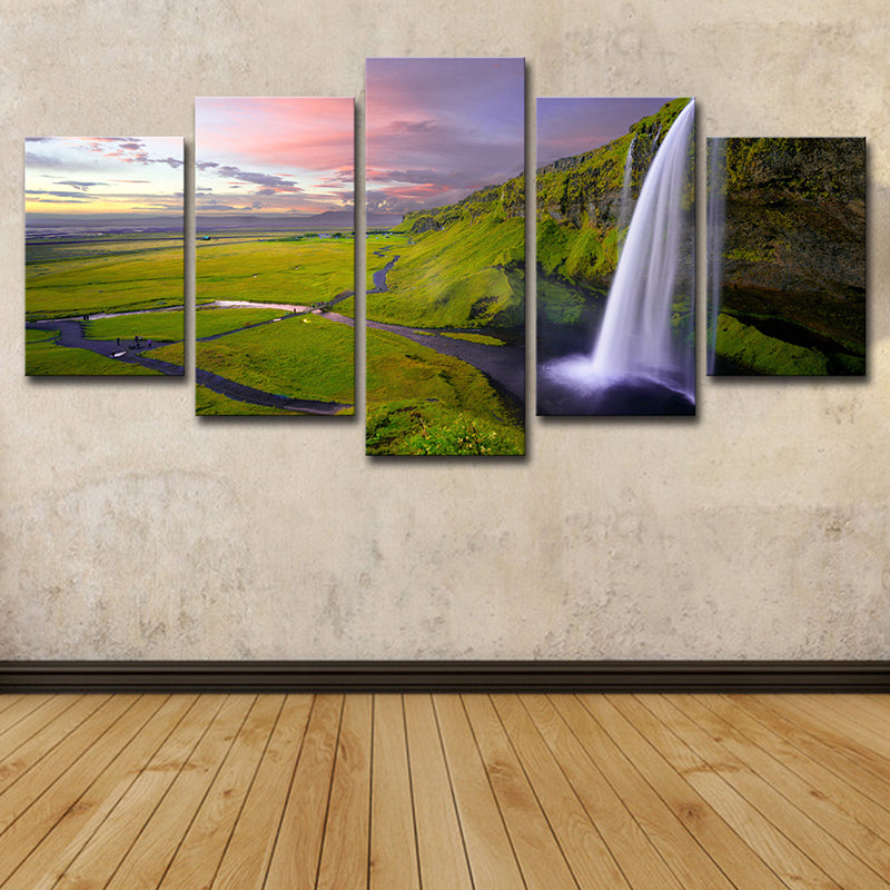 Waterfall and Grassland Scenery Canvas Art Modern Multi-Piece Wall Decor in Green Clearhalo 'Art Gallery' 'Canvas Art' 'Contemporary Art Gallery' 'Modern' Arts' 1614628