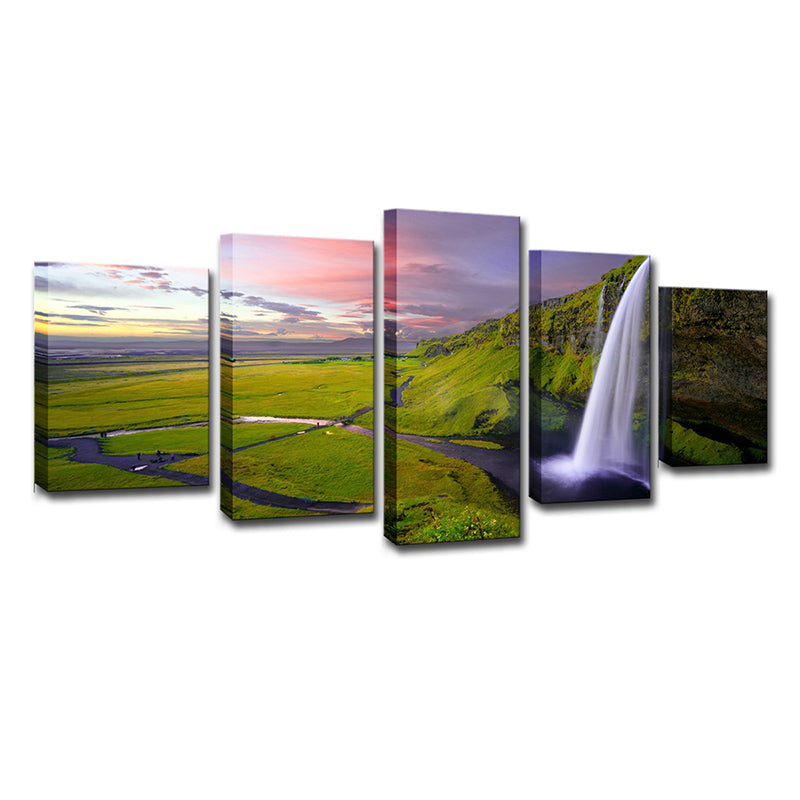 Waterfall and Grassland Scenery Canvas Art Modern Multi-Piece Wall Decor in Green Clearhalo 'Art Gallery' 'Canvas Art' 'Contemporary Art Gallery' 'Modern' Arts' 1614629