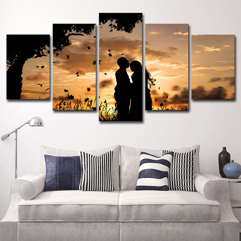 Romantic Sunset Landscape Canvas Wall Art for Living Room, Brown-Yellow, Multi-Piece Clearhalo 'Art Gallery' 'Canvas Art' 'Contemporary Art Gallery' 'Modern' Arts' 1614671